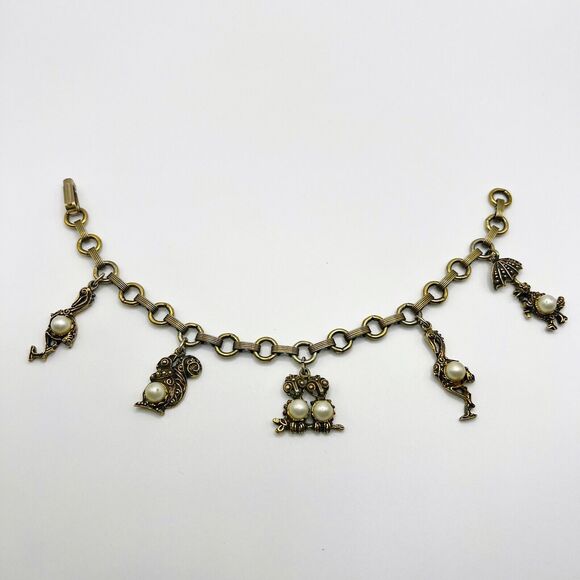 Vintage Charm Bracelet Bird Squirrel Faux Pearl Textured Engraved Gold Tone 7.5" - Picture 2 of 10